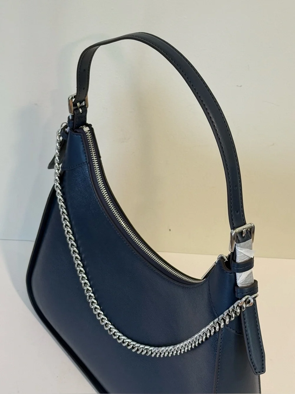 Michael Kors Wilma Navy Blue Leather Purse Silver Tone Chain Shoulder Bag